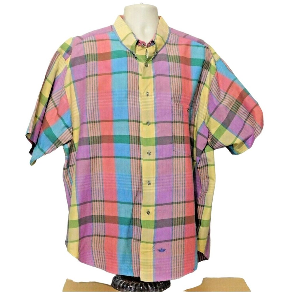 Dockers Shirt XXL Multi Color Plaid Yellow Pink Green Short Sleeve 100% Cotton
